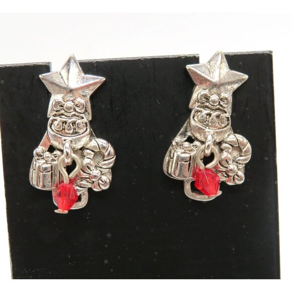 Christmas Earrings Presents Candy Cane Star Silver Tone Pierced Red Dangle Bead - Picture 4 of 7